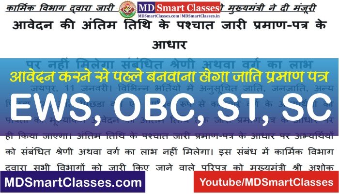 Rajasthan Caste Certificate New Rule, Jati Praman ke Naye Niyam, Jati Praman kab banwaye, Rajasthan Bhartiyo me Caste Certificate Rule kab se lagu hoga,