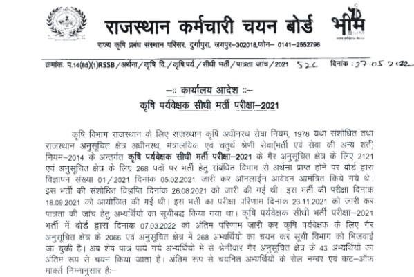 RSMSSB Agriculture Supervisor Final Result 2022, राजस्थान कृषि सुपरवाइजर रिजल्ट, Rajasthan Agriculture Supervisor Result PDF, Rajasthan Krishi Supervisor Result