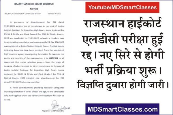 Rajasthan High Court LDC Exam Canceled, HCRAJ LDC Exam Cancel 2022, HighCourt LDC New Notification, High Court JrJA, JA and Clerk Grade-II Exam Cancel