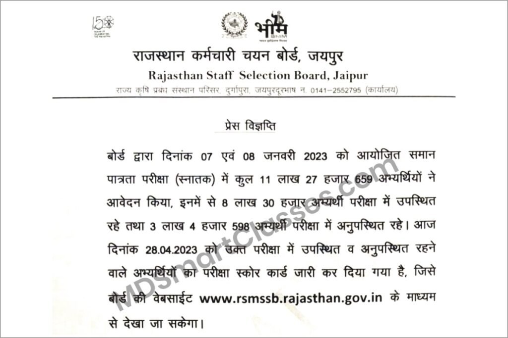 RSMSSB CET Graduation Score Card 2023